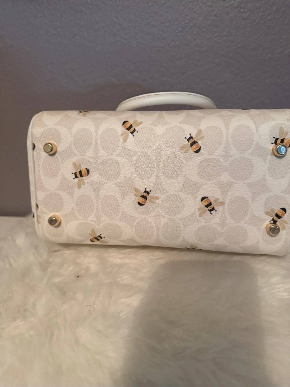 Coach White Bee Print Satchel with Gold Hardware